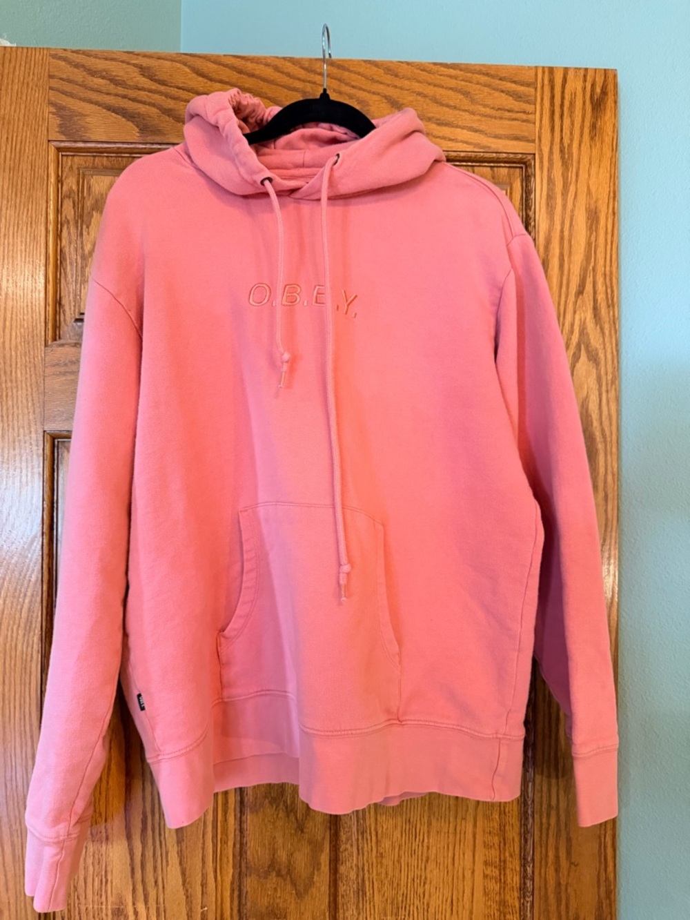 Obey Men's Coral Pink Crewneck Hoodie with Embroidered Logo